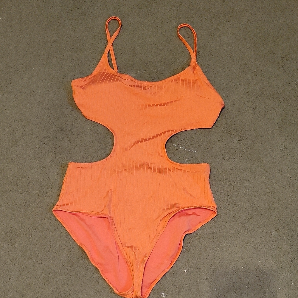 aerie Neon Orange Ribbed Cutout One-Piece Swimsuit